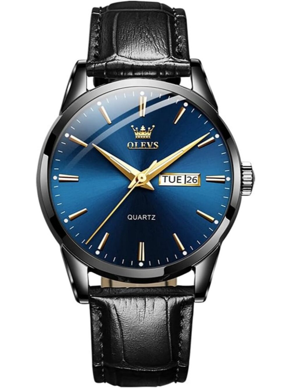 OLEVS Men's Black Blue Leather Watch Easy Read Large Face Calendar Quartz Style
